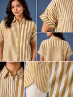Mustard & White Striped Pure Crape Shirt for Women | Half Sleeve Casual Shirt
