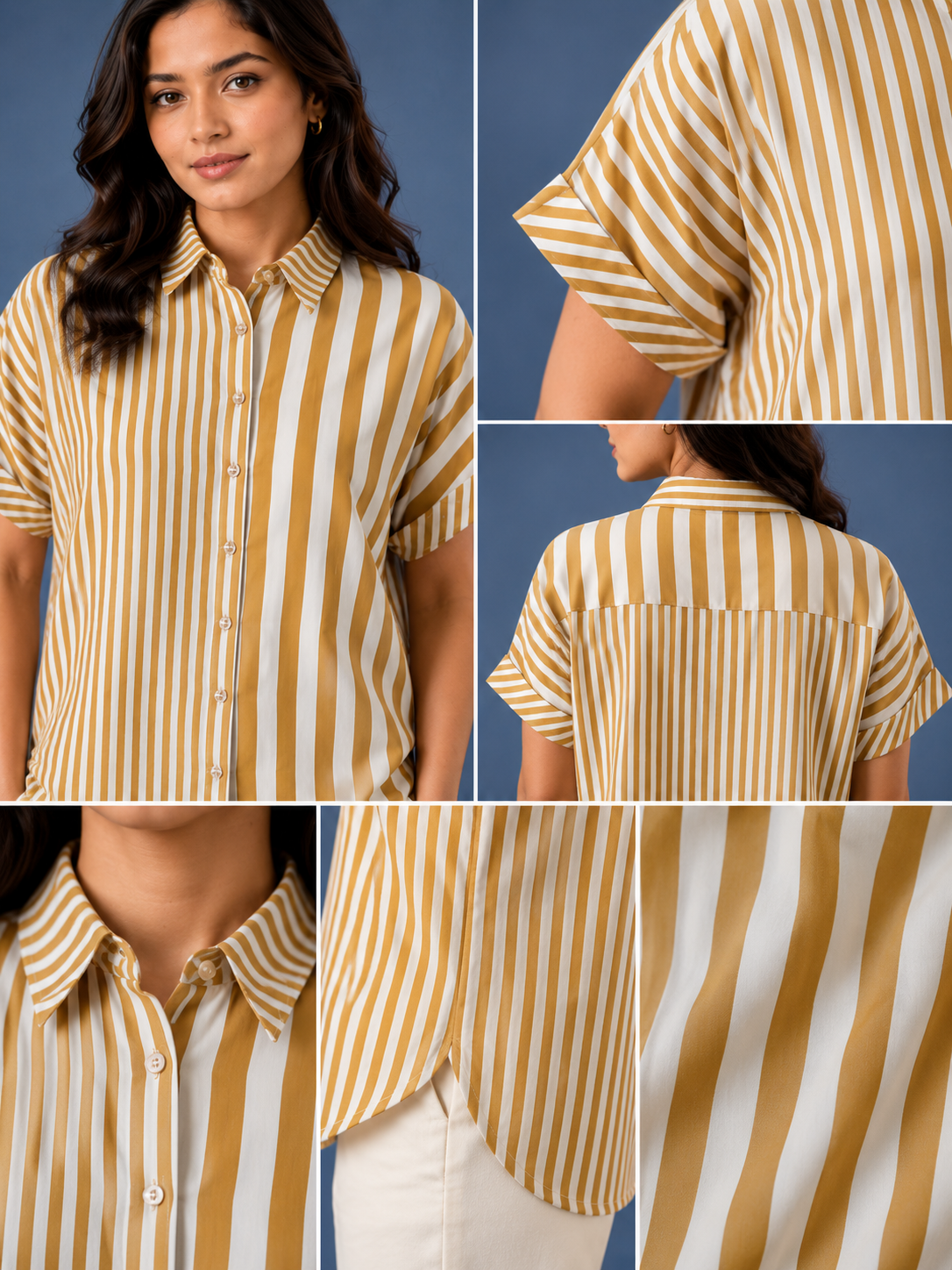 Mustard & White Striped Pure Crape Shirt for Women | Half Sleeve Casual Shirt