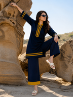 Midnight Blue Contrast Trim Kurta & Palazzo Co-Ord Set for Women