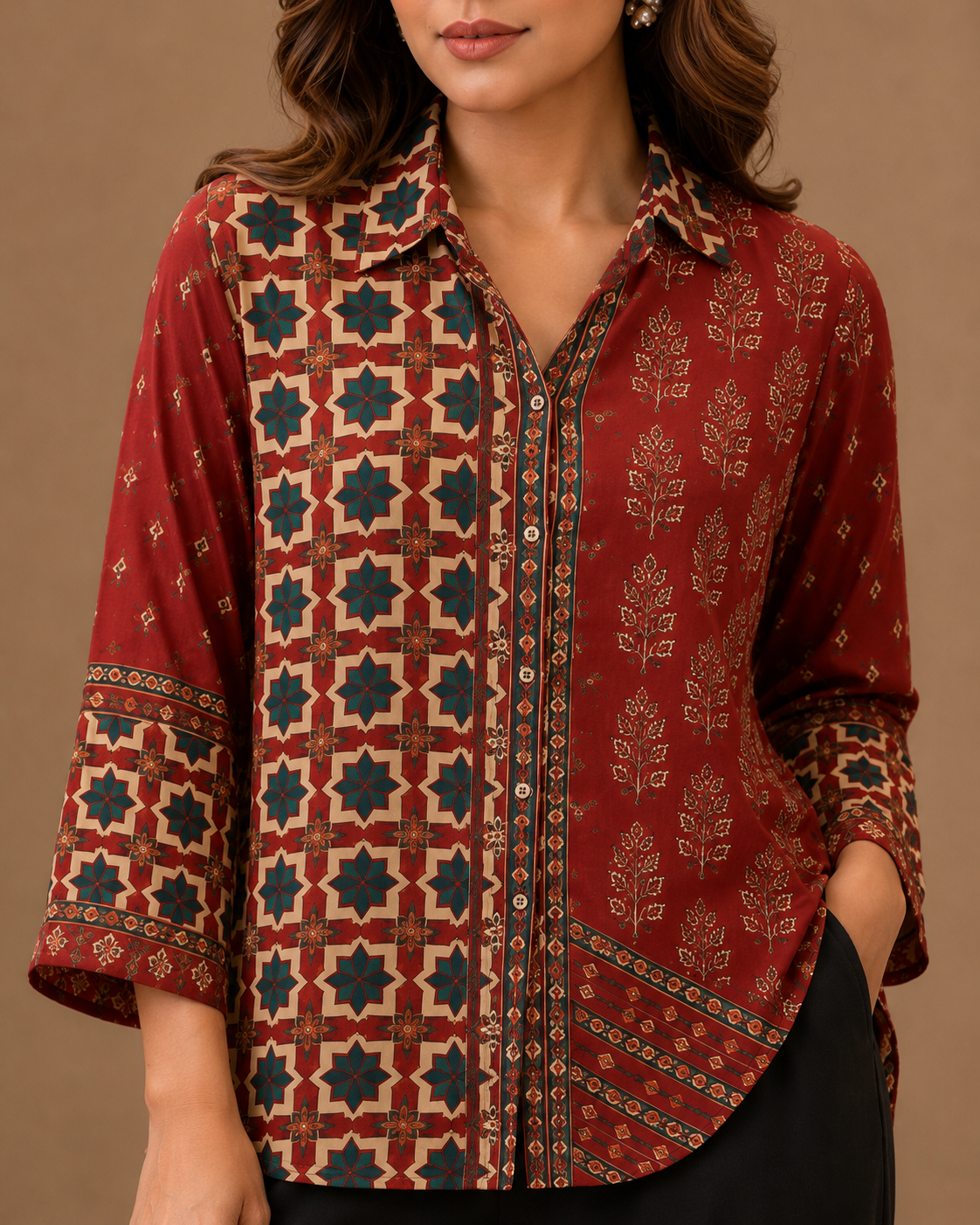 Women's Maroon Ethnic Print Collared Shirt | Premium Crepe | 3/4 Sleeves
