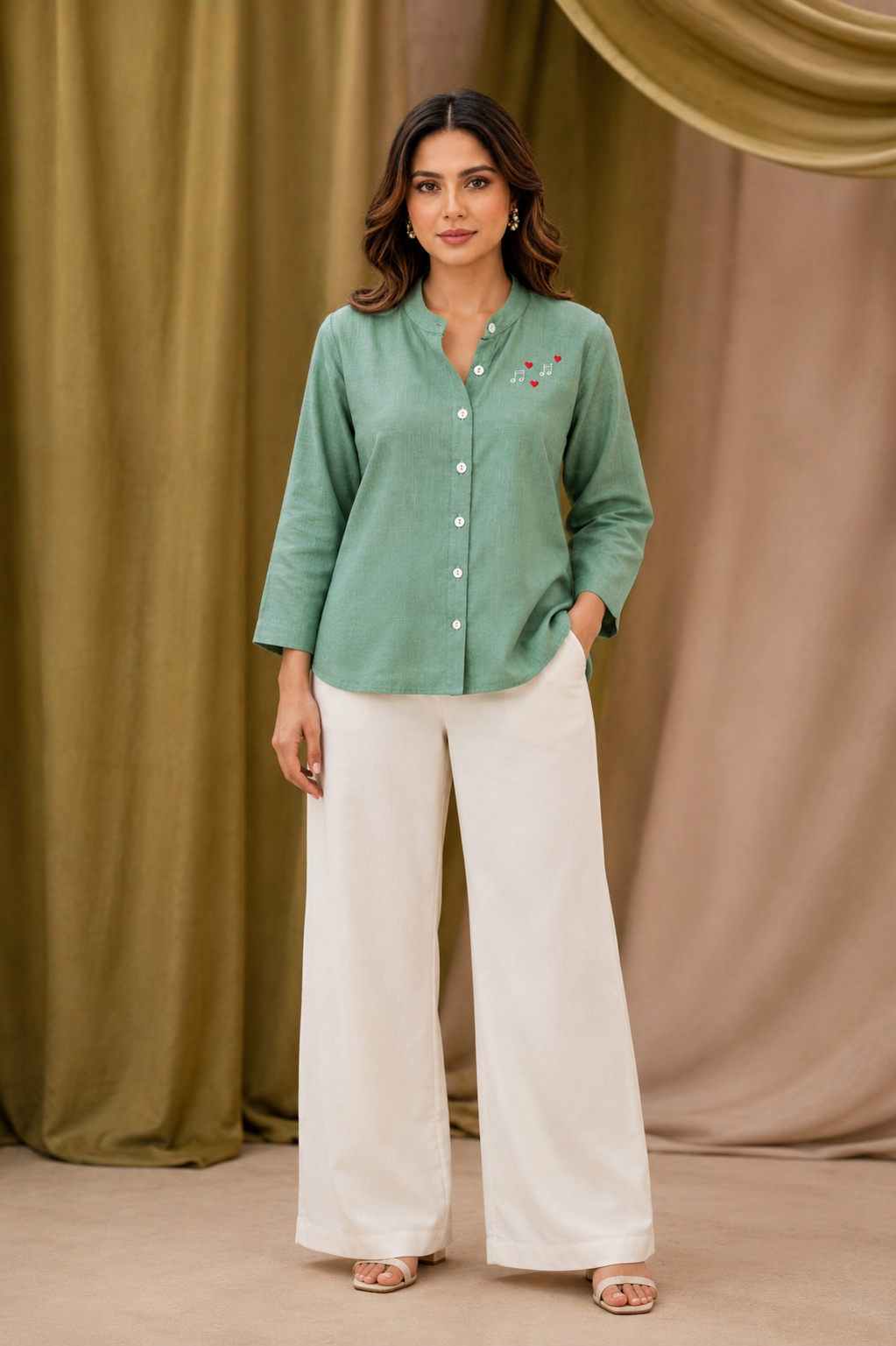 Sage Green Cotton Shirt for Women | Musical Note Embroidered Casual Shirt