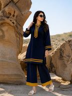 Midnight Blue Contrast Trim Kurta & Palazzo Co-Ord Set for Women