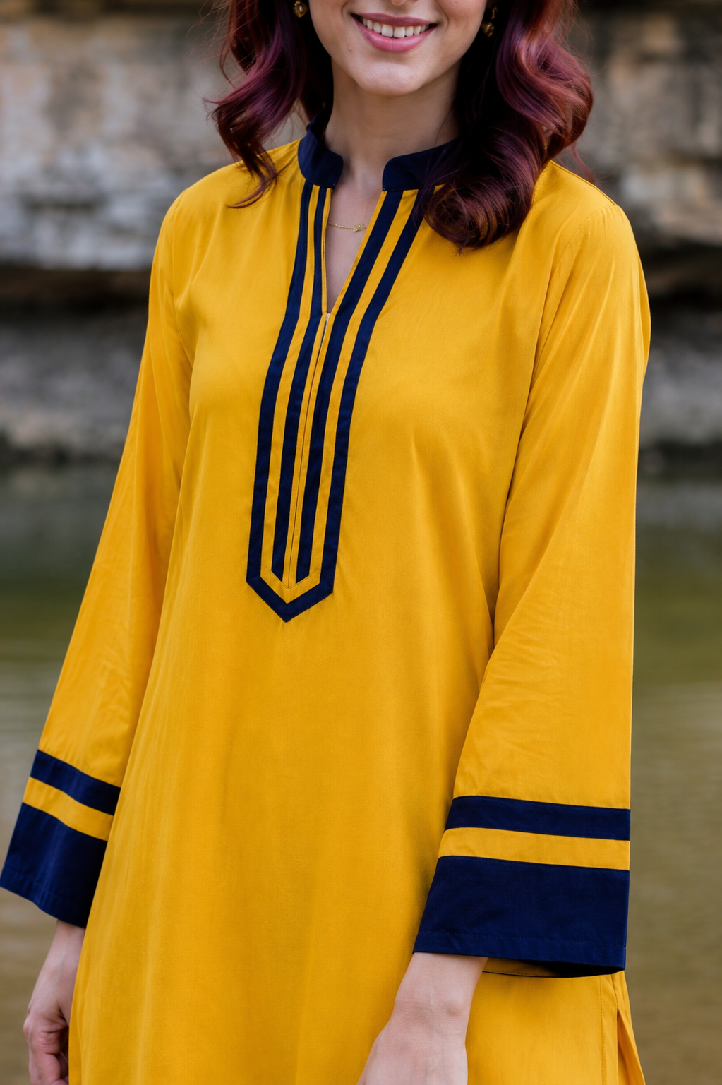 Mustard Yellow Straight Kurta Palazzo Set with Navy Blue Border Detailing