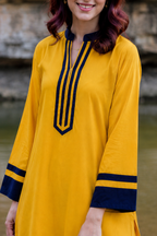 Mustard Yellow Straight Kurta Palazzo Set with Navy Blue Border Detailing