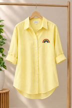 Women's Pastel Yellow Rainbow Embroidered Cotton Shirt