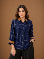 Women's Navy Blue Peacock Back Print Cotton Crepe Oversized Casual Shirt