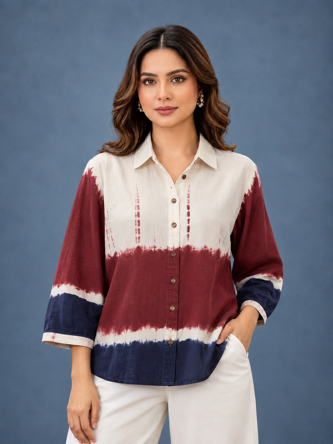 Maroon & Navy Tie-Dye Printed Women's Shirt