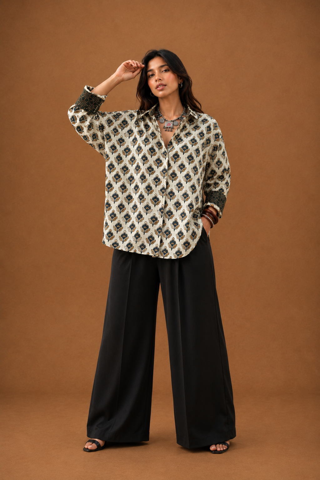 Women's Beige Floral Printed Cotton Crepe Oversized Shirt | Premium Casual Wear