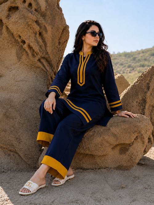 Midnight Blue Contrast Trim Kurta & Palazzo Co-Ord Set for Women