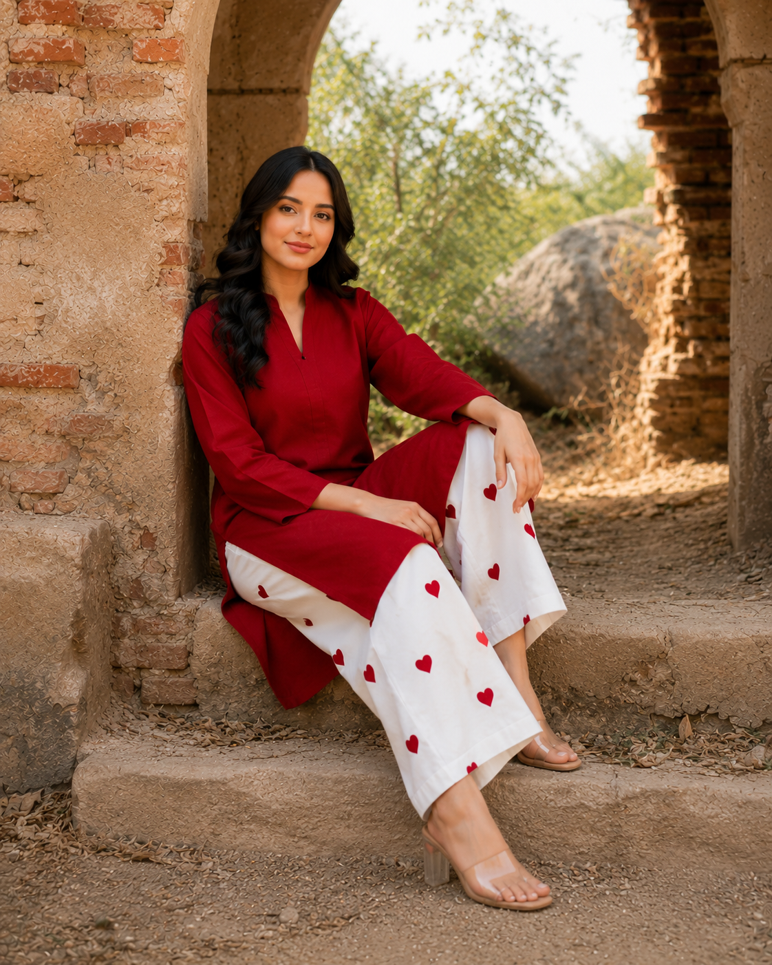 Ruby Red Kurti with Heart embroidery Palazzo Co-Ord Set