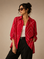 Women's Red Bandhani Print Collared Shirt | Premium Crepe| Full Sleeves