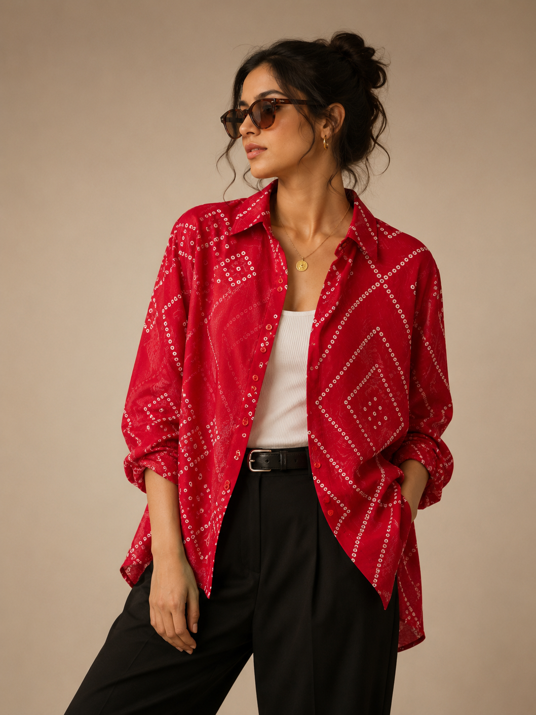 Women's Red Bandhani Print Collared Shirt | Premium Crepe| Full Sleeves