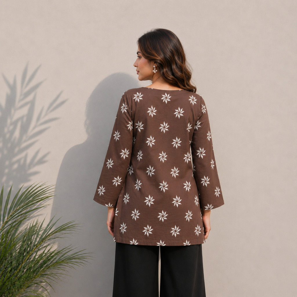 Brown Floral Print Cotton Tunic Top | Square Neck Casual Top | LaddyLuxe