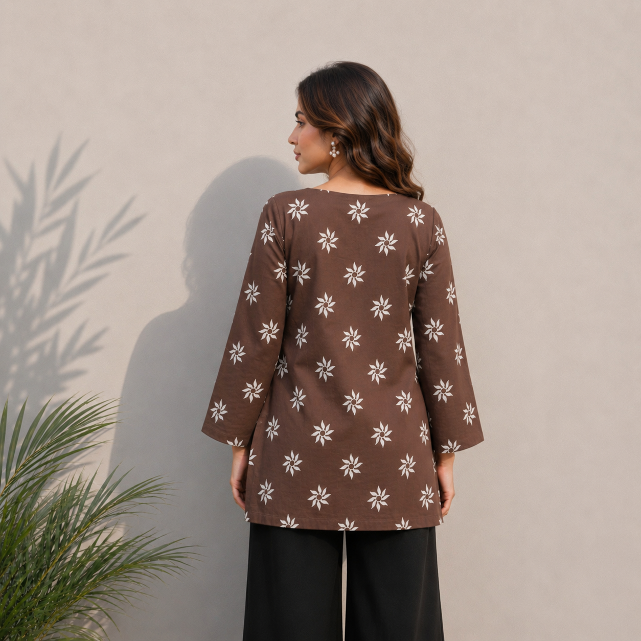 Brown Floral Print Cotton Tunic Top | Square Neck Casual Top | LaddyLuxe
