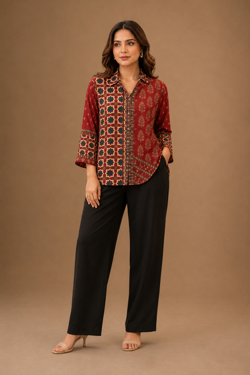 Women's Maroon Ethnic Print Collared Shirt | Premium Crepe | 3/4 Sleeves