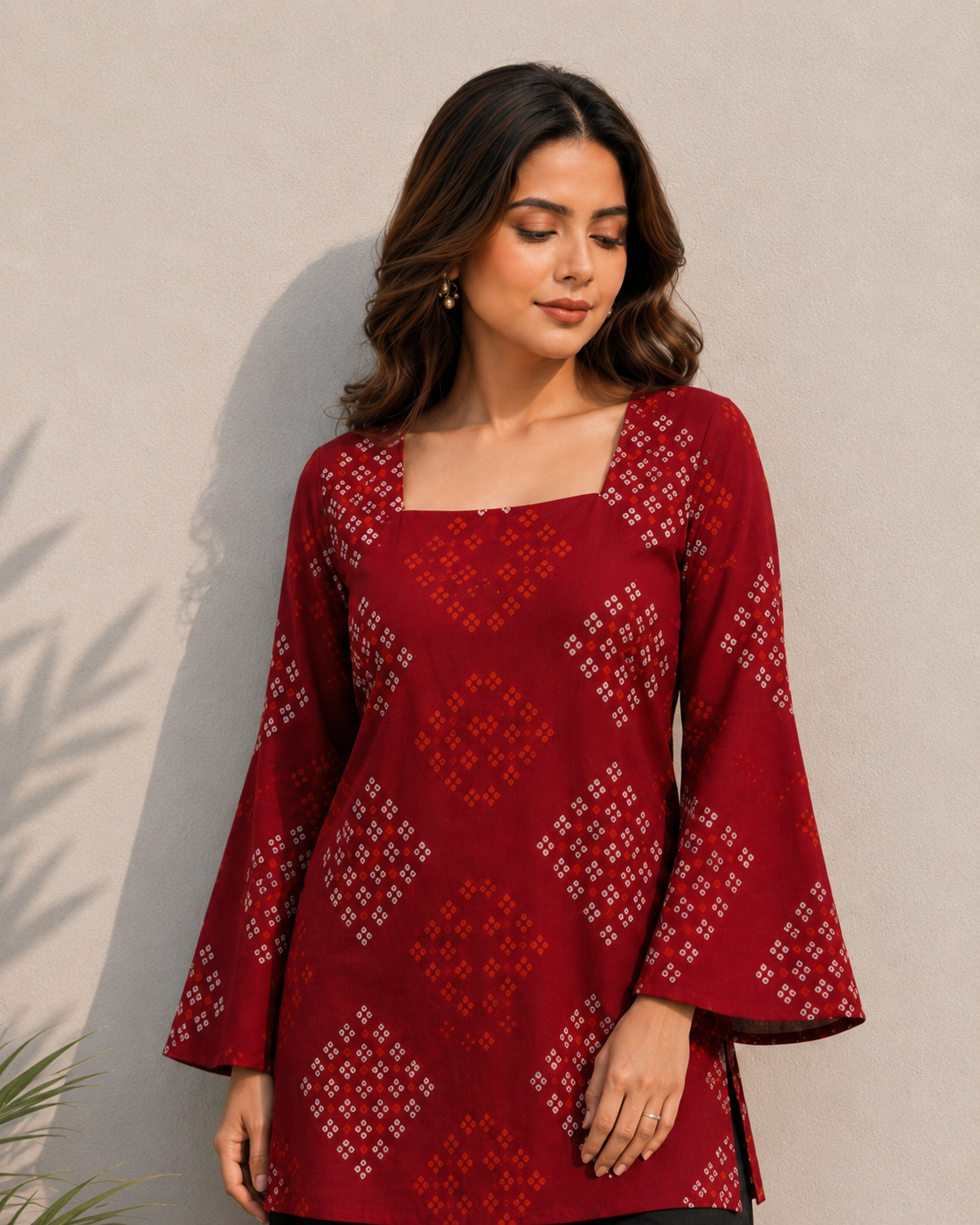 Women's Maroon Bandhani Print Cotton Tunic Top | Square Neck Casual Top | LaddyLuxe
