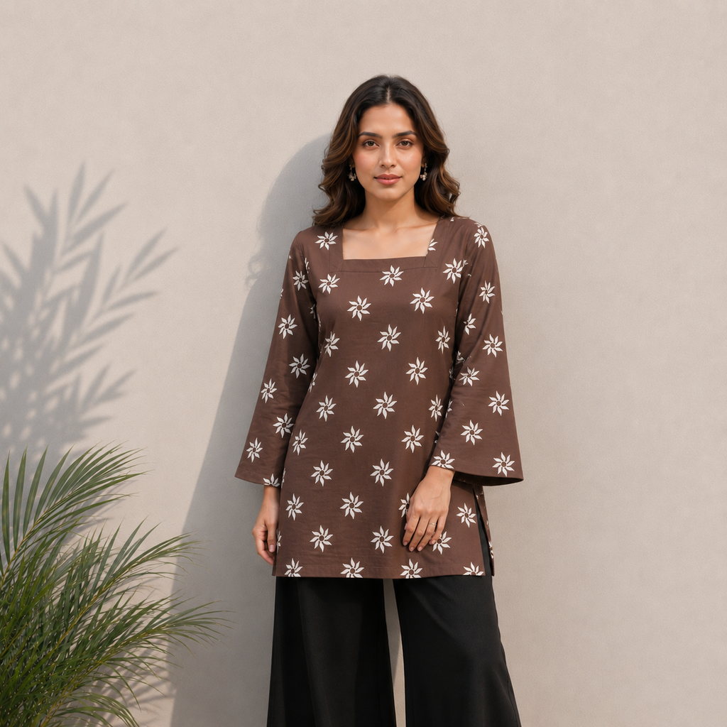 Brown Floral Print Cotton Tunic Top | Square Neck Casual Top | LaddyLuxe