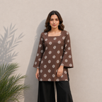 Brown Floral Print Cotton Tunic Top | Square Neck Casual Top | LaddyLuxe