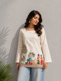 Women's Off-White Heritage Print Cotton Straight Kurti | Square Neck | Full Sleeves