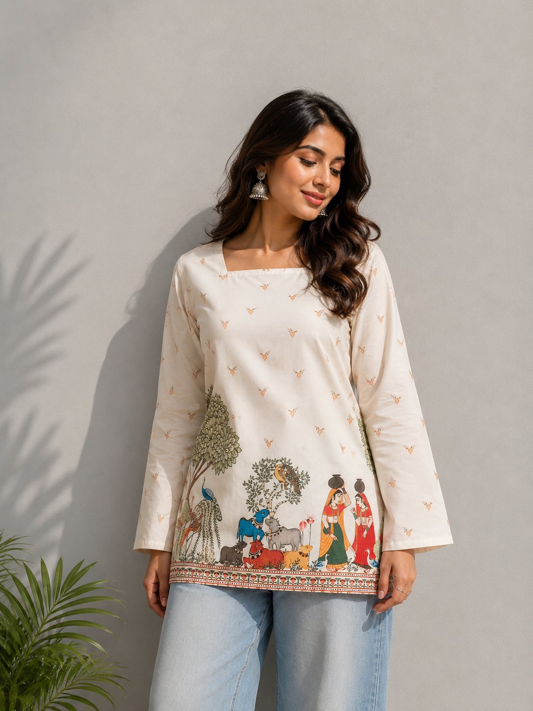 Women's Off-White Heritage Print Cotton Straight Kurti | Square Neck | Full Sleeves