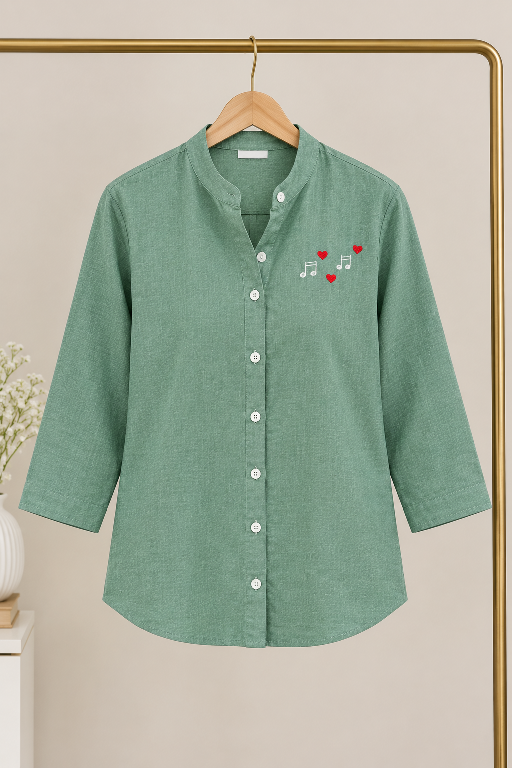 Sage Green Cotton Shirt for Women | Musical Note Embroidered Casual Shirt
