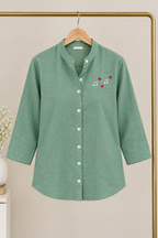 Sage Green Cotton Shirt for Women | Musical Note Embroidered Casual Shirt