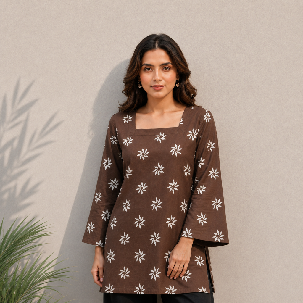 Brown Floral Print Cotton Tunic Top | Square Neck Casual Top | LaddyLuxe
