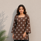 Brown Floral Print Cotton Tunic Top | Square Neck Casual Top | LaddyLuxe