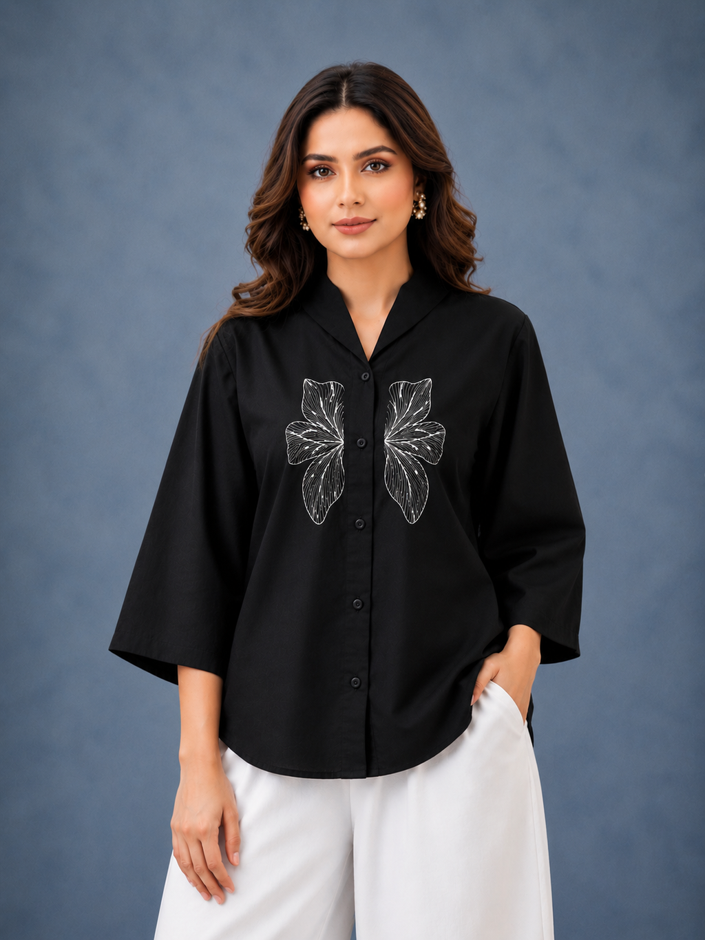 Women's Black Butterfly Embroidered Linen Cotton Oversized Shirt