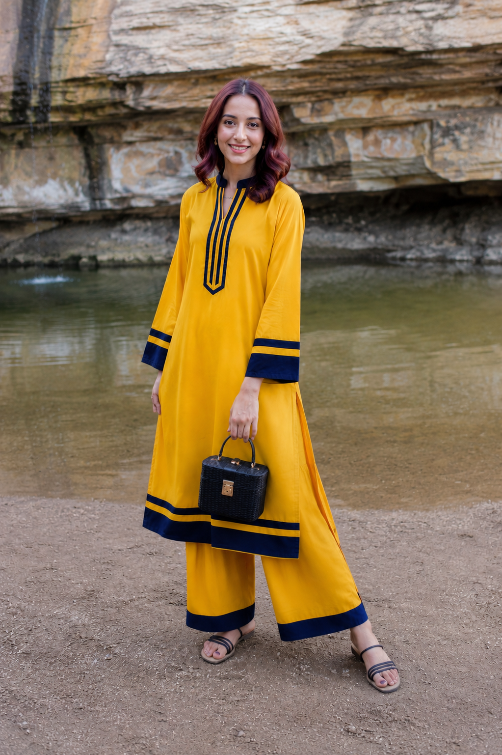 Mustard Yellow Straight Kurta Palazzo Set with Navy Blue Border Detailing