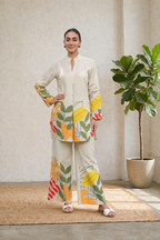 Floral Printed Co-ord Set – Cream Beige Designer Kurta & Wide-Leg Pants