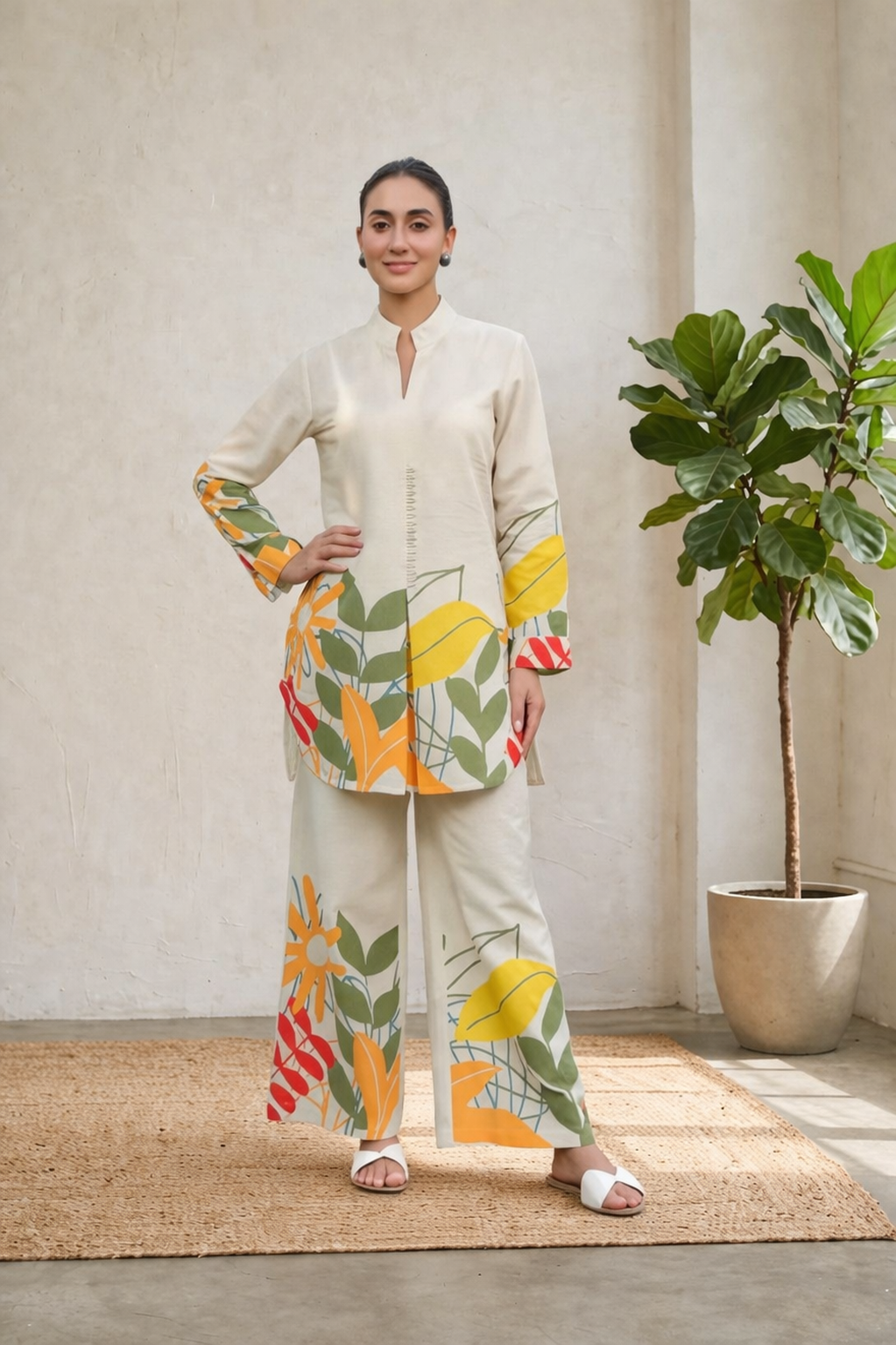 Floral Printed Co-ord Set – Cream Beige Designer Kurta & Wide-Leg Pants