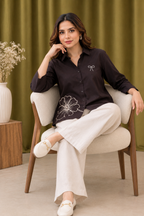 Chocolate Brown Floral Embroidery Shirt for Women