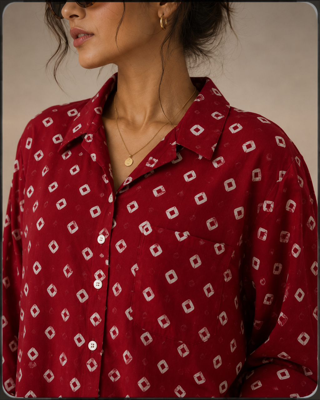 Women's Maroon Bandhani Print Oversized Shirt | Casual Cotton Blend Shirt | LaddyLuxe