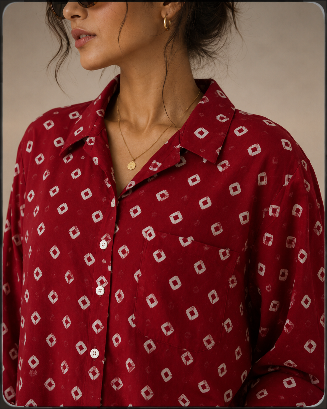 Women's Maroon Bandhani Print Oversized Shirt | Casual Cotton Blend Shirt | LaddyLuxe