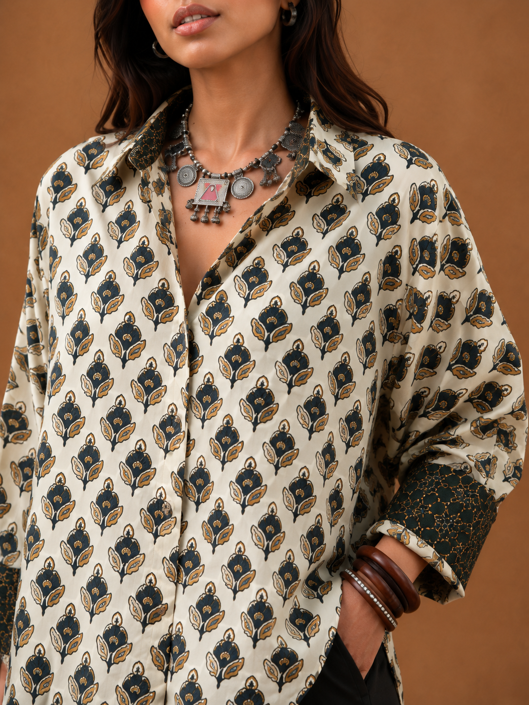 Women's Beige Floral Printed Cotton Crepe Oversized Shirt | Premium Casual Wear