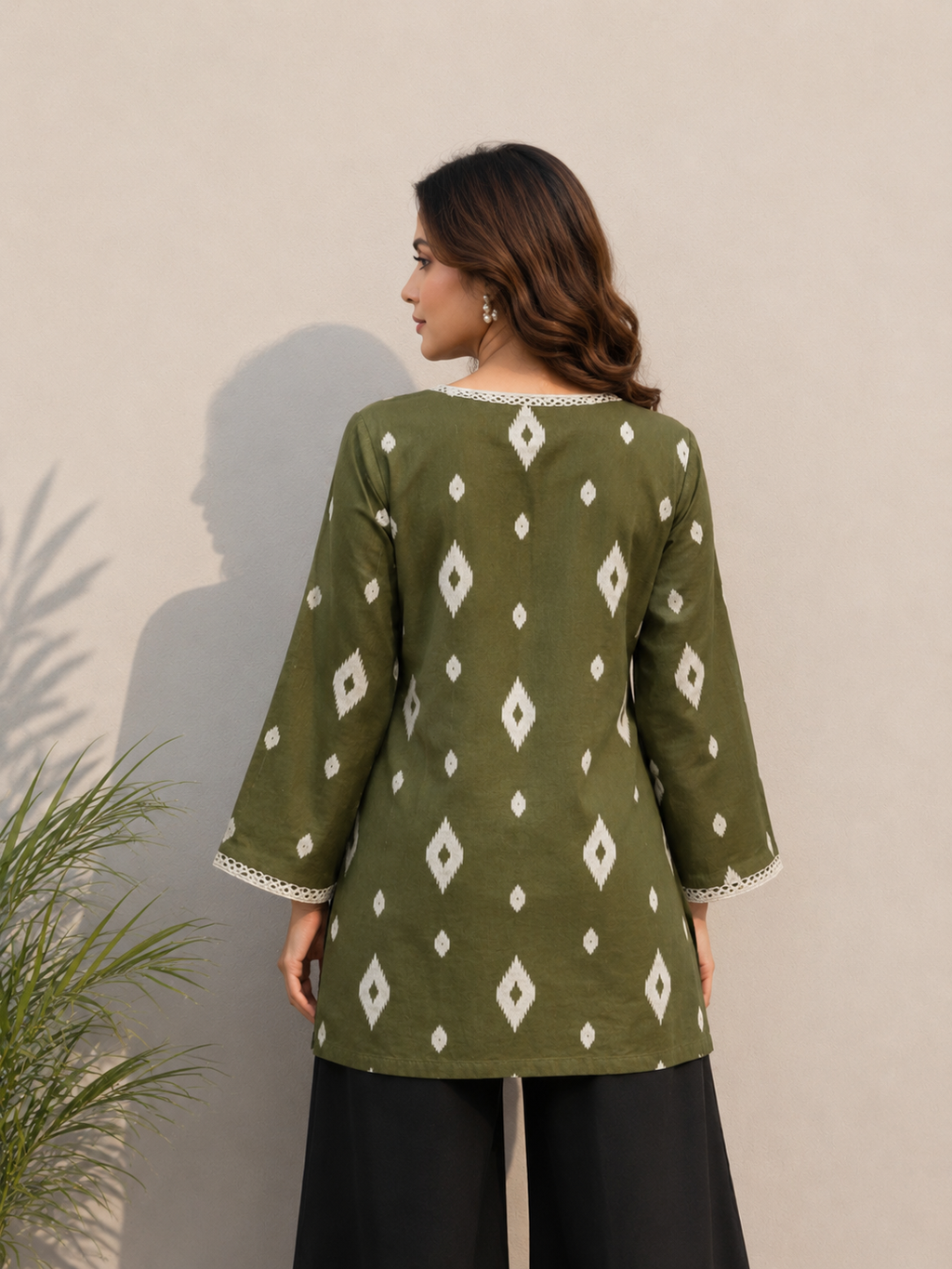 Olive Green Ikat Print Cotton Top | Square Neck Casual Top | LaddyLuxe