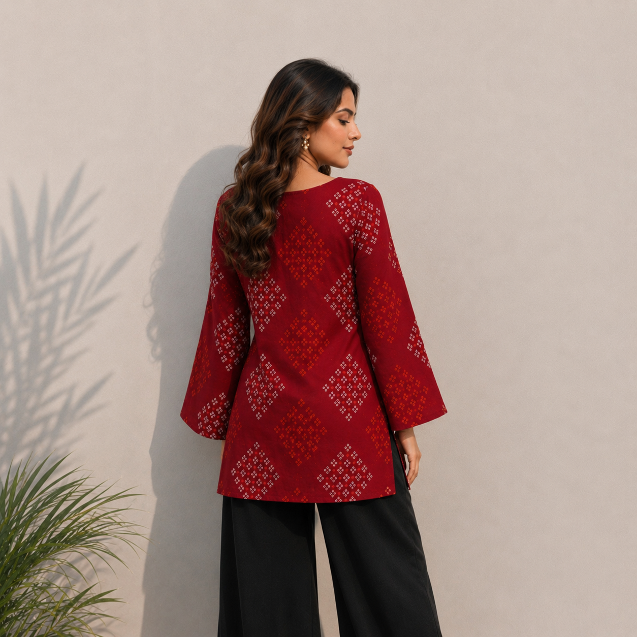 Women's Maroon Bandhani Print Cotton Tunic Top | Square Neck Casual Top | LaddyLuxe