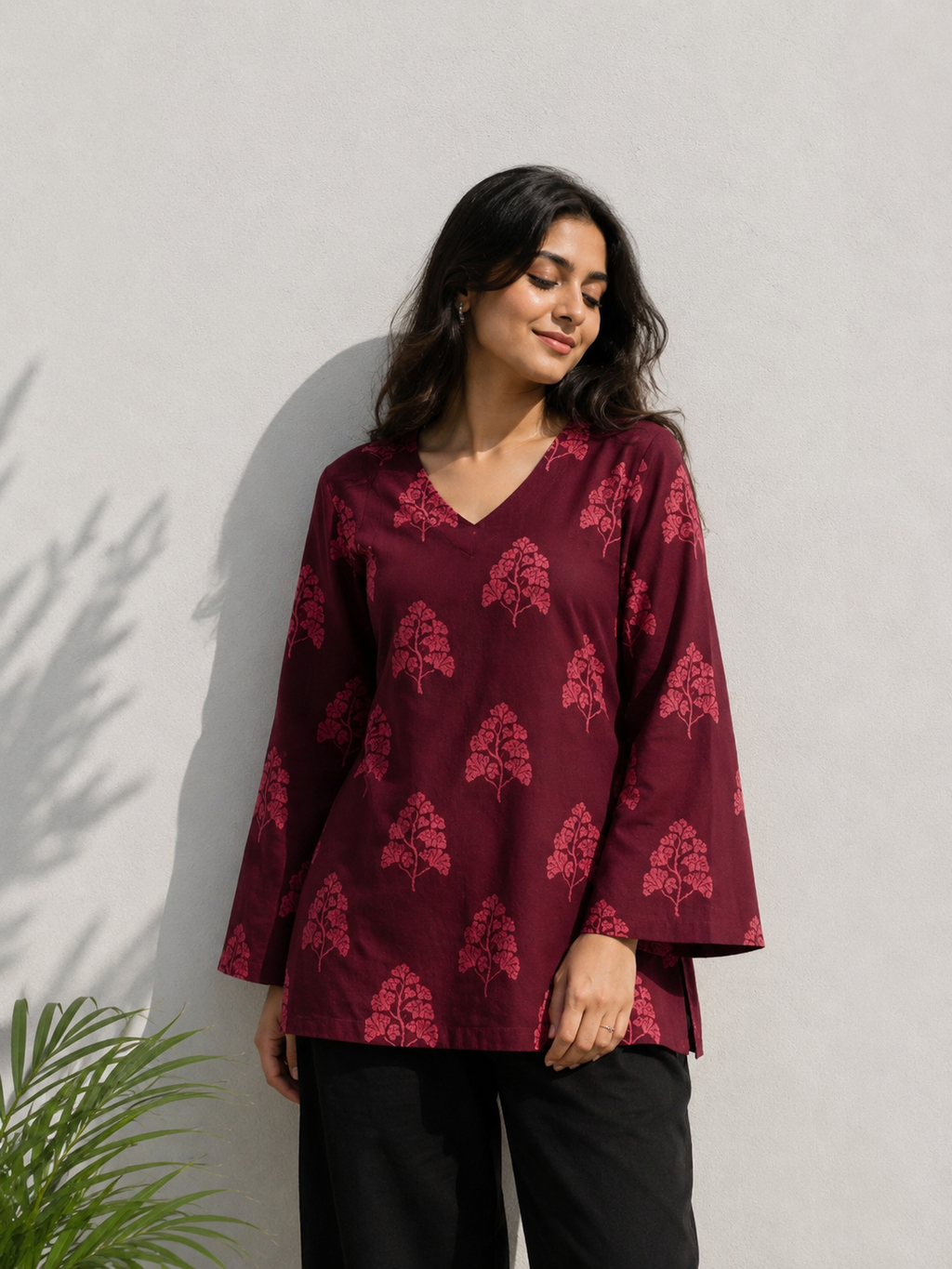 Maroon Floral Print V-Neck Cotton Tunic Top