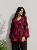 Maroon Floral Print V-Neck Cotton Tunic Top