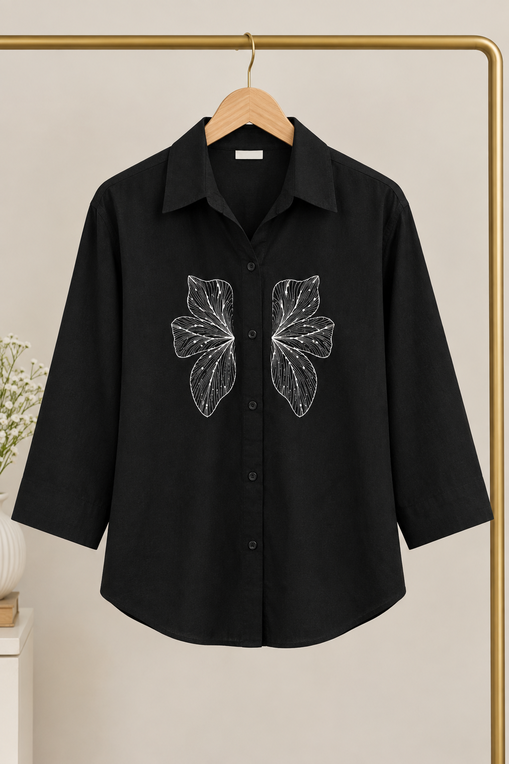 Women's Black Butterfly Embroidered Linen Cotton Oversized Shirt
