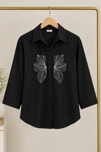 Women's Black Butterfly Embroidered Linen Cotton Oversized Shirt