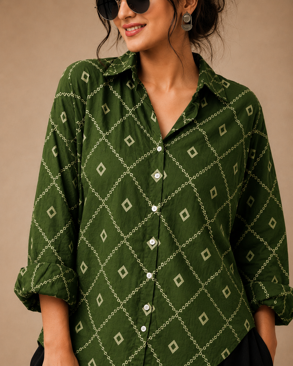 Women's Green Geometric Printed Cotton Crepe Oversized Casual Shirt