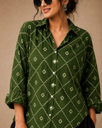 Women's Green Geometric Printed Cotton Crepe Oversized Casual Shirt