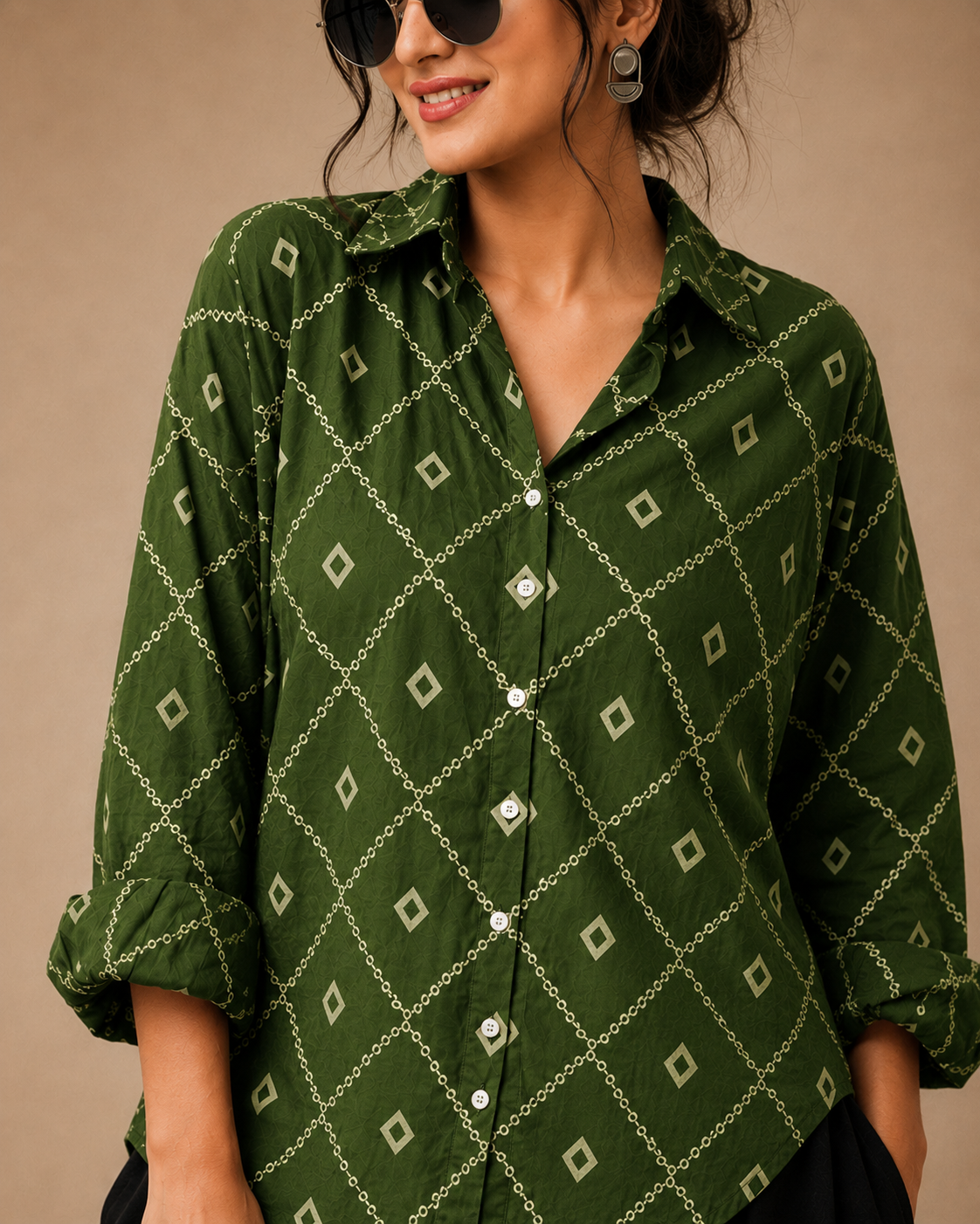 Women's Green Geometric Printed Cotton Crepe Oversized Casual Shirt