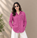 Women's Pink Face Line Art Embroidered Cotton Shirt | Relaxed Fit