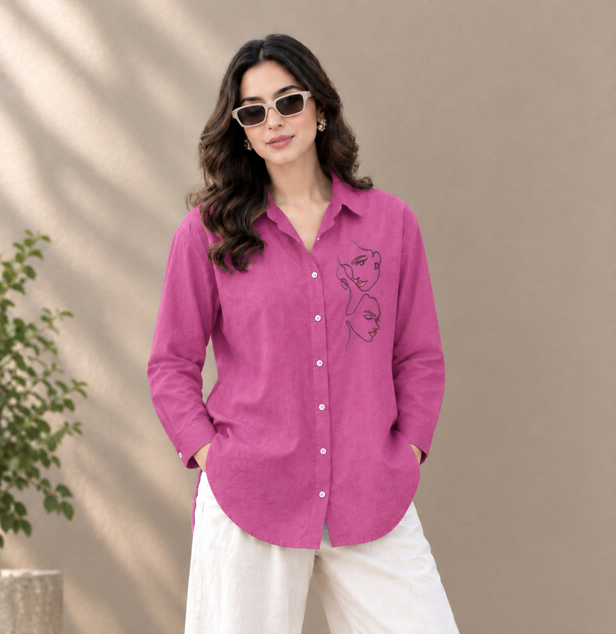 Women's Pink Face Line Art Embroidered Cotton Shirt | Relaxed Fit