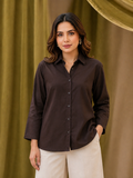 Laddy Luxe Chocolate Brown Cotton Shirt for Women | Classic Full Sleeve Casual Shirt