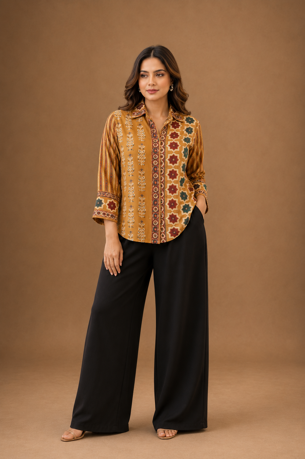 Women's Mustard Ethnic Print Collared Shirt | Premium Cotton Blend | 3/4 Sleeves