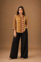 Women's Mustard Ethnic Print Collared Shirt | Premium Cotton Blend | 3/4 Sleeves